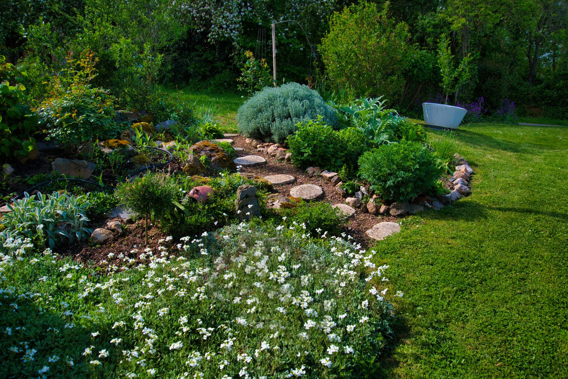 Lush green garden with flowers, plants, and a rock path